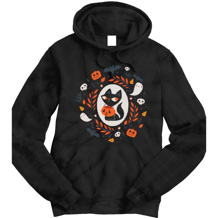 Cute Retro Black Cat Fall Halloween Tie Dye Hoodie