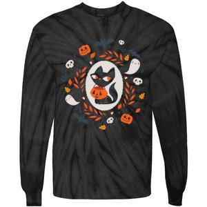 Cute Retro Black Cat Fall Halloween Tie-Dye Long Sleeve Shirt