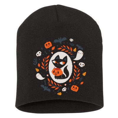 Cute Retro Black Cat Fall Halloween Short Acrylic Beanie