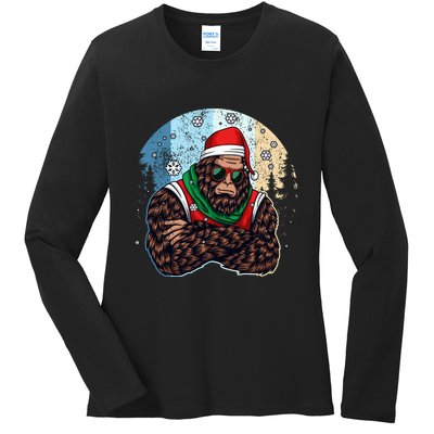 Cool Retro Christmas Big Foot Sasquatch Santa Claus Ladies Long Sleeve Shirt