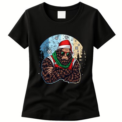 Cool Retro Christmas Big Foot Sasquatch Santa Claus Womens T-Shirt