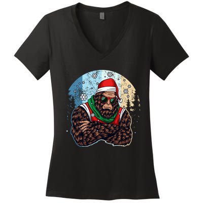 Cool Retro Christmas Big Foot Sasquatch Santa Claus Women's V-Neck T-Shirt