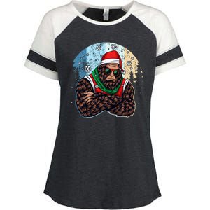 Cool Retro Christmas Big Foot Sasquatch Santa Claus Enza Ladies Jersey Colorblock Tee