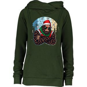 Cool Retro Christmas Big Foot Sasquatch Santa Claus Womens Funnel Neck Pullover Hood