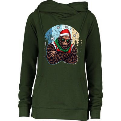 Cool Retro Christmas Big Foot Sasquatch Santa Claus Womens Funnel Neck Pullover Hood