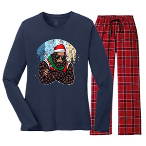 Cool Retro Christmas Big Foot Sasquatch Santa Claus Women's Long Sleeve Flannel Pajama Set 