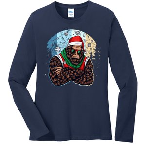 Cool Retro Christmas Big Foot Sasquatch Santa Claus Ladies Long Sleeve Shirt