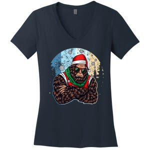 Cool Retro Christmas Big Foot Sasquatch Santa Claus Women's V-Neck T-Shirt