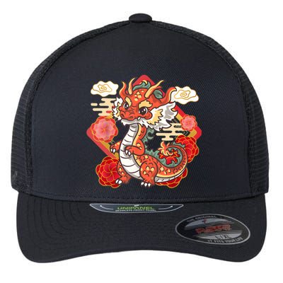 Cute Red Chinese New Year Of The Dragon 2024 Lunar Zodiac Flexfit Unipanel Trucker Cap