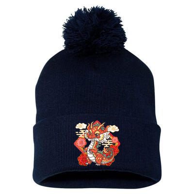 Cute Red Chinese New Year Of The Dragon 2024 Lunar Zodiac Pom Pom 12in Knit Beanie