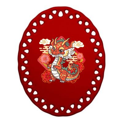 Cute Red Chinese New Year Of The Dragon 2024 Lunar Zodiac Ceramic Oval Ornament