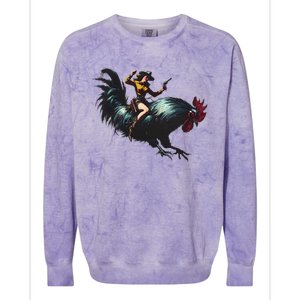 Cow Riding Chicken Funny Retro Rodeo Rooster Colorblast Crewneck Sweatshirt