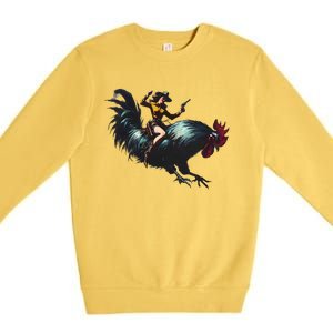 Cow Riding Chicken Funny Retro Rodeo Rooster Premium Crewneck Sweatshirt