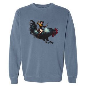 Cow Riding Chicken Funny Retro Rodeo Rooster Garment-Dyed Sweatshirt