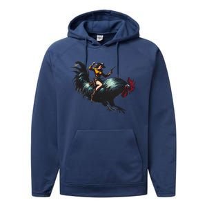 Cow Riding Chicken Funny Retro Rodeo Rooster Performance Fleece Hoodie