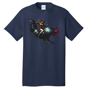 Cow Riding Chicken Funny Retro Rodeo Rooster Tall T-Shirt