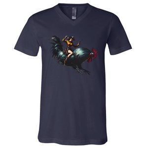 Cow Riding Chicken Funny Retro Rodeo Rooster V-Neck T-Shirt