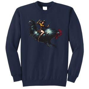 Cow Riding Chicken Funny Retro Rodeo Rooster Tall Sweatshirt