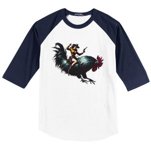 Cow Riding Chicken Funny Retro Rodeo Rooster Baseball Sleeve Shirt