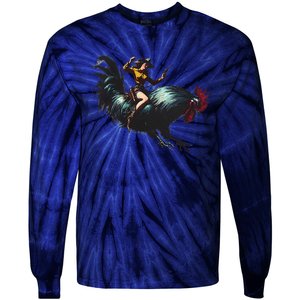 Cow Riding Chicken Funny Retro Rodeo Rooster Tie-Dye Long Sleeve Shirt