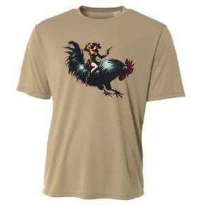 Cow Riding Chicken Funny Retro Rodeo Rooster Cooling Performance Crew T-Shirt