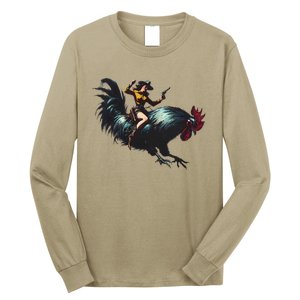 Cow Riding Chicken Funny Retro Rodeo Rooster Long Sleeve Shirt