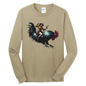 Cow Riding Chicken Funny Retro Rodeo Rooster Tall Long Sleeve T-Shirt