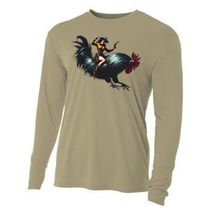 Cow Riding Chicken Funny Retro Rodeo Rooster Cooling Performance Long Sleeve Crew