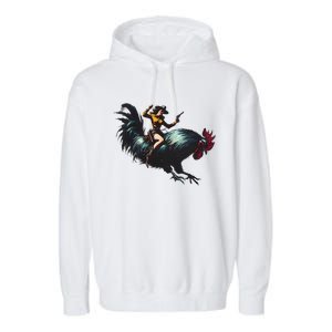 Cow Riding Chicken Funny Retro Rodeo Rooster Garment-Dyed Fleece Hoodie