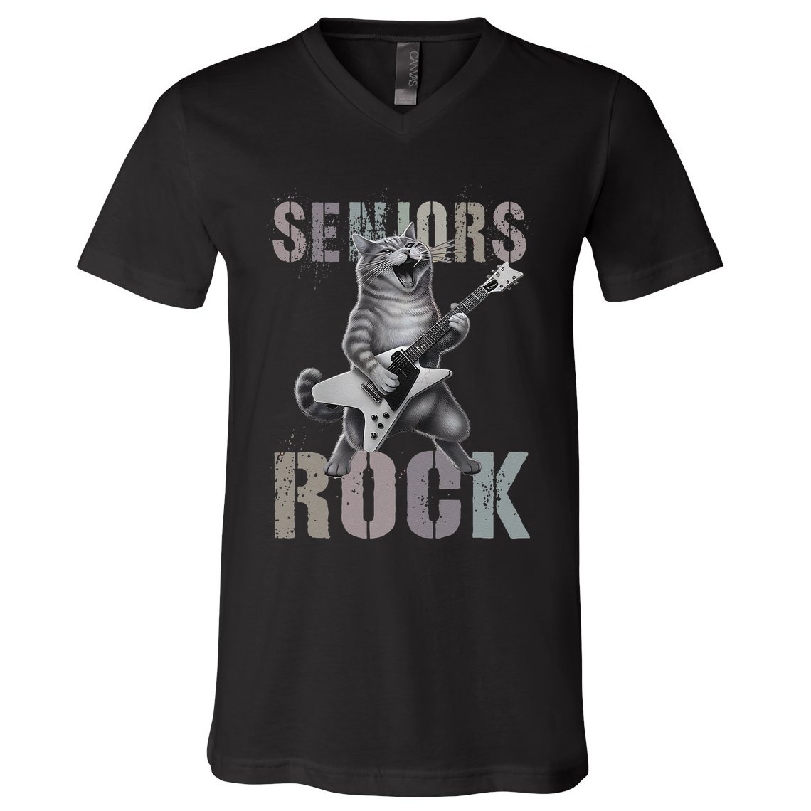 Cute Rockstar Cat Seniors Rock Graduated Signature 2025 .Png V-Neck T-Shirt