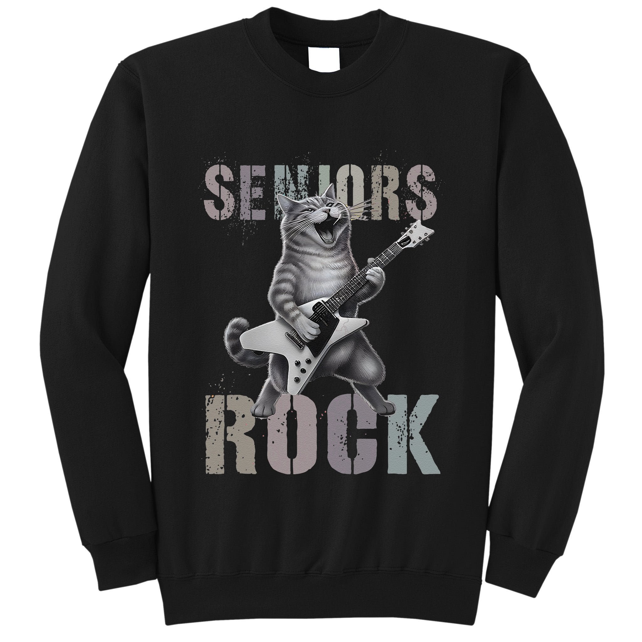 Cute Rockstar Cat Seniors Rock Graduated Signature 2025 .Png Tall Sweatshirt