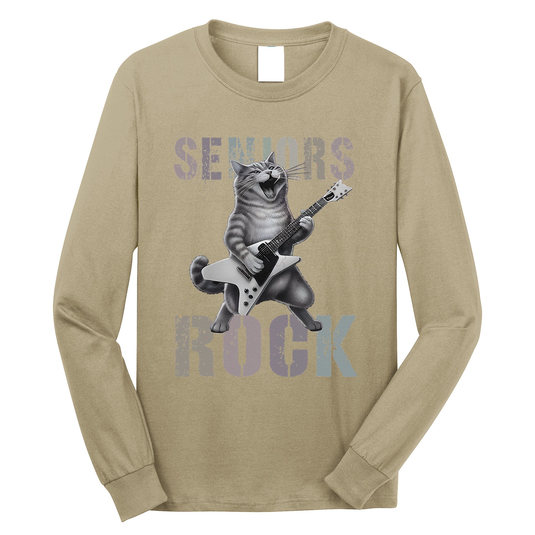 Cute Rockstar Cat Seniors Rock Graduated Signature 2025 .Png Long Sleeve Shirt