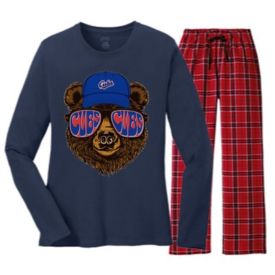 Cool Retro Cubs Bear Women's Long Sleeve Flannel Pajama Set 