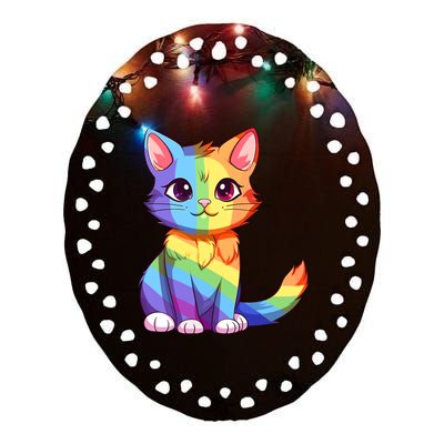 Cat Rainbow Color Lgbtq Ally Pride Rainbow Equality Ceramic Oval Ornament