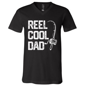 Cute Reel Cool Dad Fishing Daddy Fathers Day Gift V-Neck T-Shirt