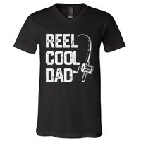 Cute Reel Cool Dad Fishing Daddy Fathers Day Gift V-Neck T-Shirt