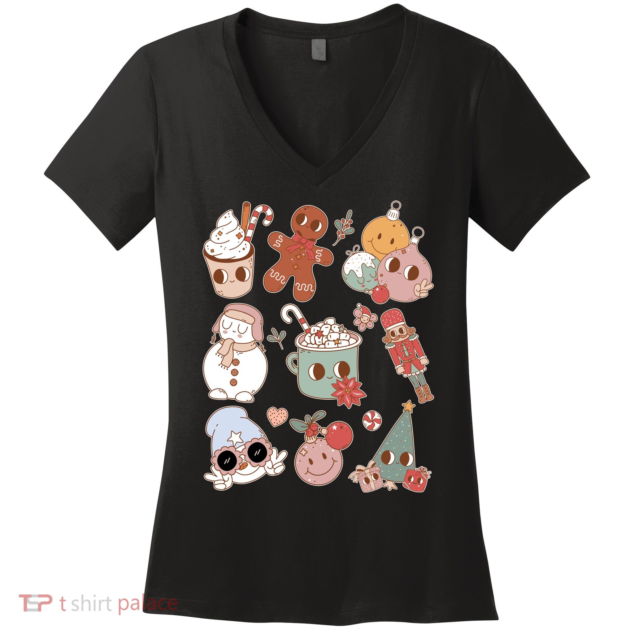 Cute Retro Cartoon Christmas Characters Women's V-Neck T-Shirt