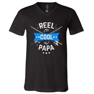 Cute Reel Cool Papa Cute Fishing Dad Birthday Gift V-Neck T-Shirt