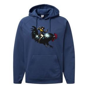 Cowgirl Riding Chicken Funny Retro Rodeo Rooster Performance Fleece Hoodie