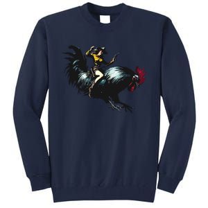 Cowgirl Riding Chicken Funny Retro Rodeo Rooster Tall Sweatshirt