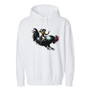 Cowgirl Riding Chicken Funny Retro Rodeo Rooster Garment-Dyed Fleece Hoodie