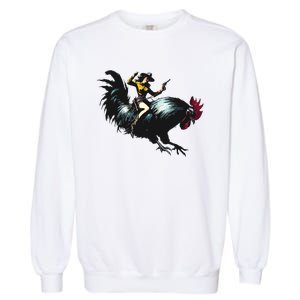 Cowgirl Riding Chicken Funny Retro Rodeo Rooster Garment-Dyed Sweatshirt