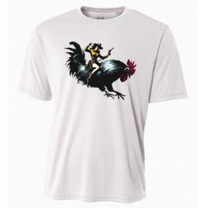 Cowgirl Riding Chicken Funny Retro Rodeo Rooster Cooling Performance Crew T-Shirt