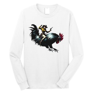 Cowgirl Riding Chicken Funny Retro Rodeo Rooster Long Sleeve Shirt