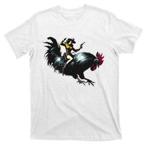 Cowgirl Riding Chicken Funny Retro Rodeo Rooster T-Shirt