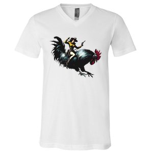 Cowgirl Riding Chicken Funny Retro Rodeo Rooster V-Neck T-Shirt