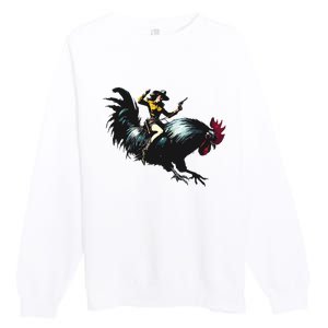 Cowgirl Riding Chicken Funny Retro Rodeo Rooster Premium Crewneck Sweatshirt