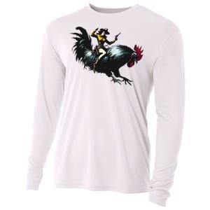 Cowgirl Riding Chicken Funny Retro Rodeo Rooster Cooling Performance Long Sleeve Crew