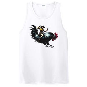 Cowgirl Riding Chicken Funny Retro Rodeo Rooster PosiCharge Competitor Tank