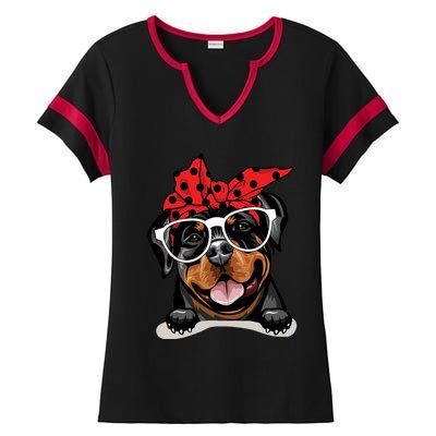 Cute Rottweiler Christmas Red Plaid Headband And Glasses Great Gift Ladies Halftime Notch Neck Tee